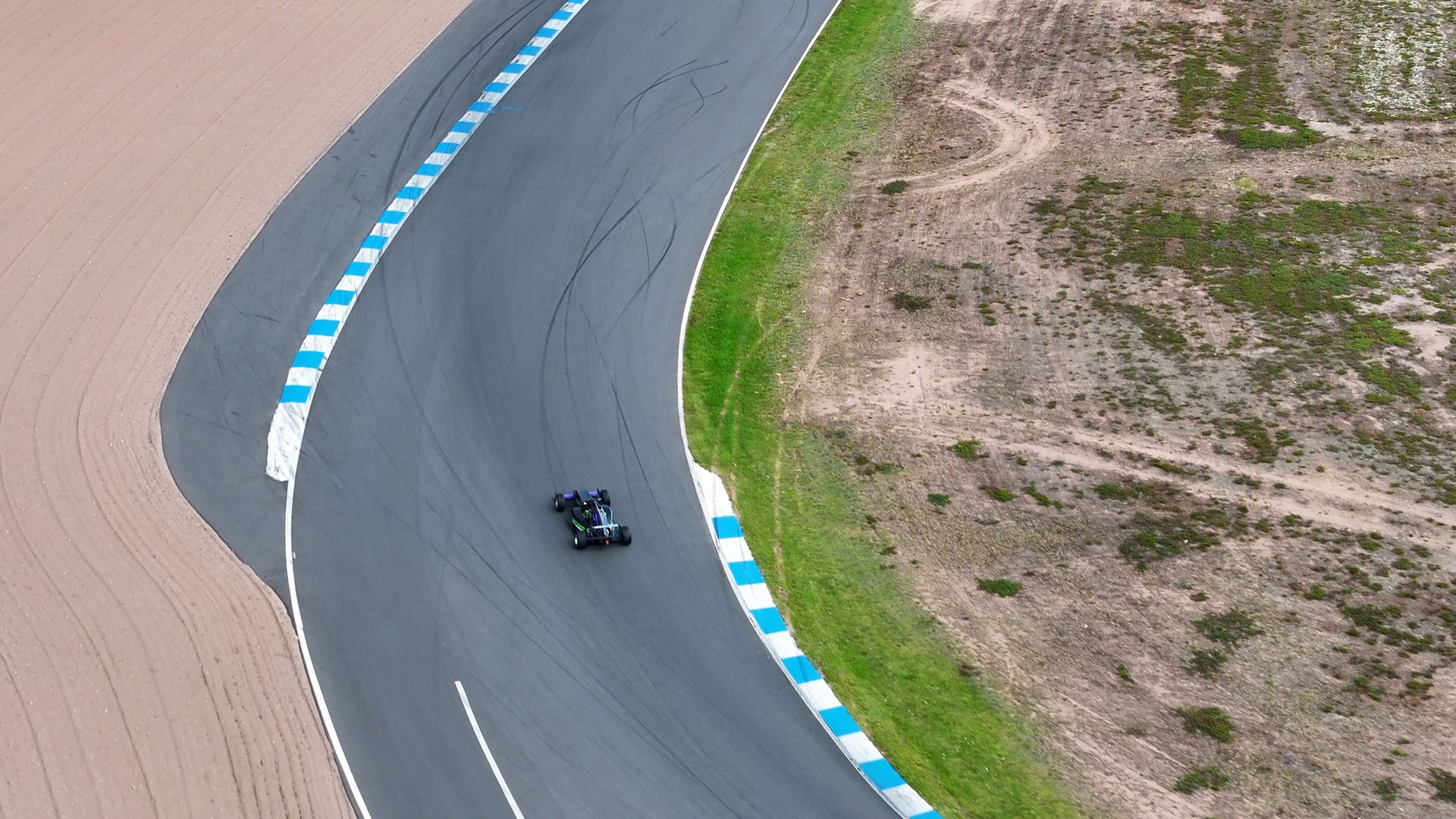 Aerial view of a Formula car on the Alastaro circuit